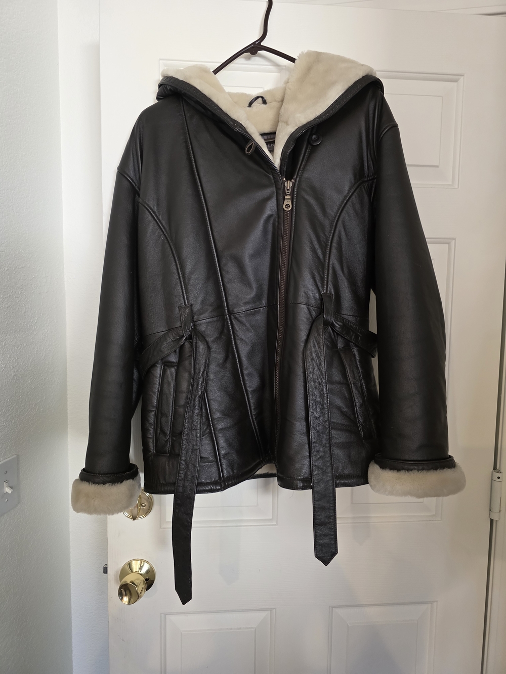 Dark Brown Leather Hooded Coat with Cream Shearling